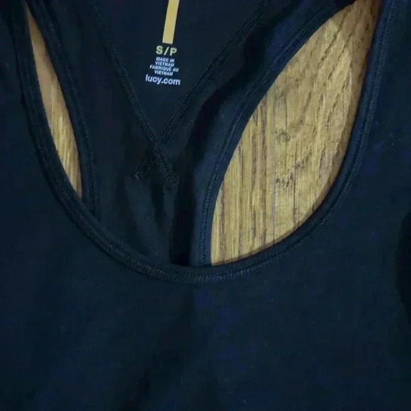 Lucy Black Razor Back Tank and Pink Striped Capri Leggings Workout Outfit, Sz Sm - Picture 5 of 5